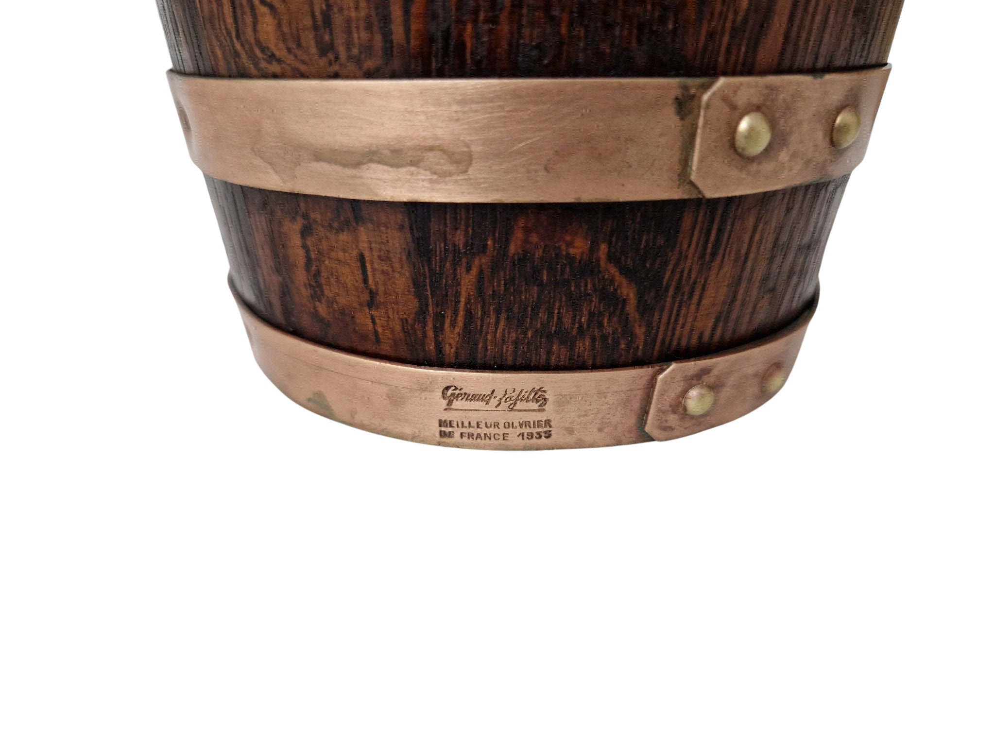 French Wood and Copper Ice Bucket, Wooden Oak Barrel by Geraud Lafitte
