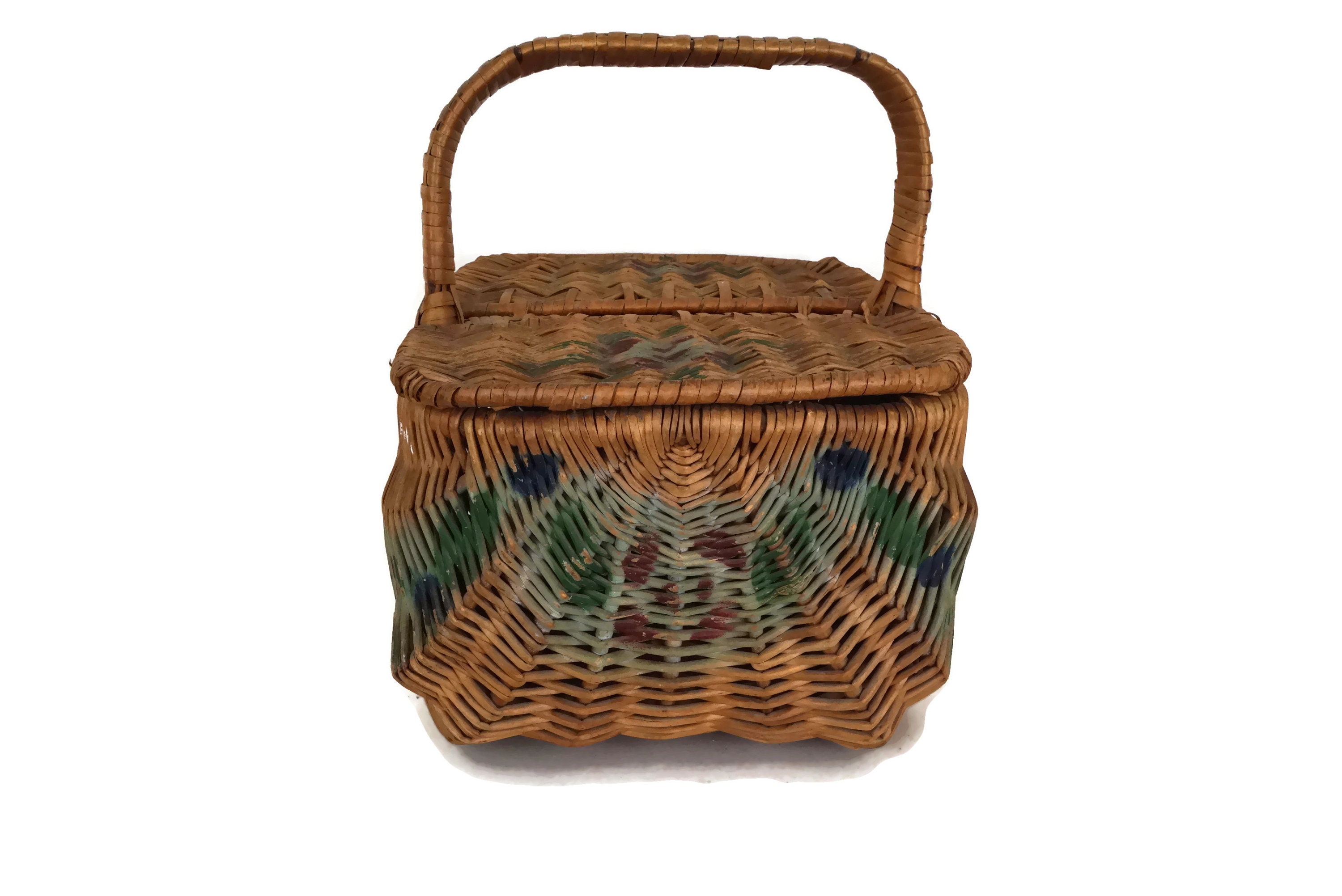 Rustic French Wicker Picnic Basket with Hand Painted Art Deco Flowers and Lid