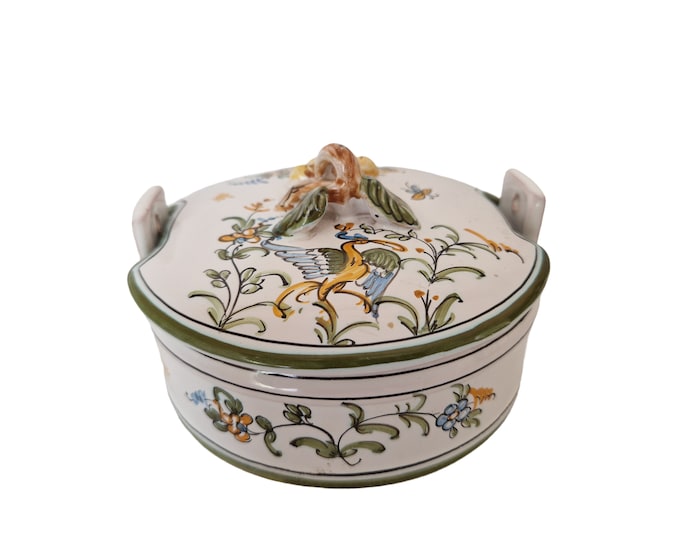 Moustiers French Faience Candy Dish with Hand Painted Bird of Paradise and Flowers, Ceramic Bowl with Lid