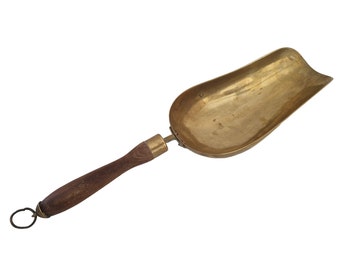Vintage Brass Grain Scoop with Wooden Handle, Rustic French Country Kitchen Decor