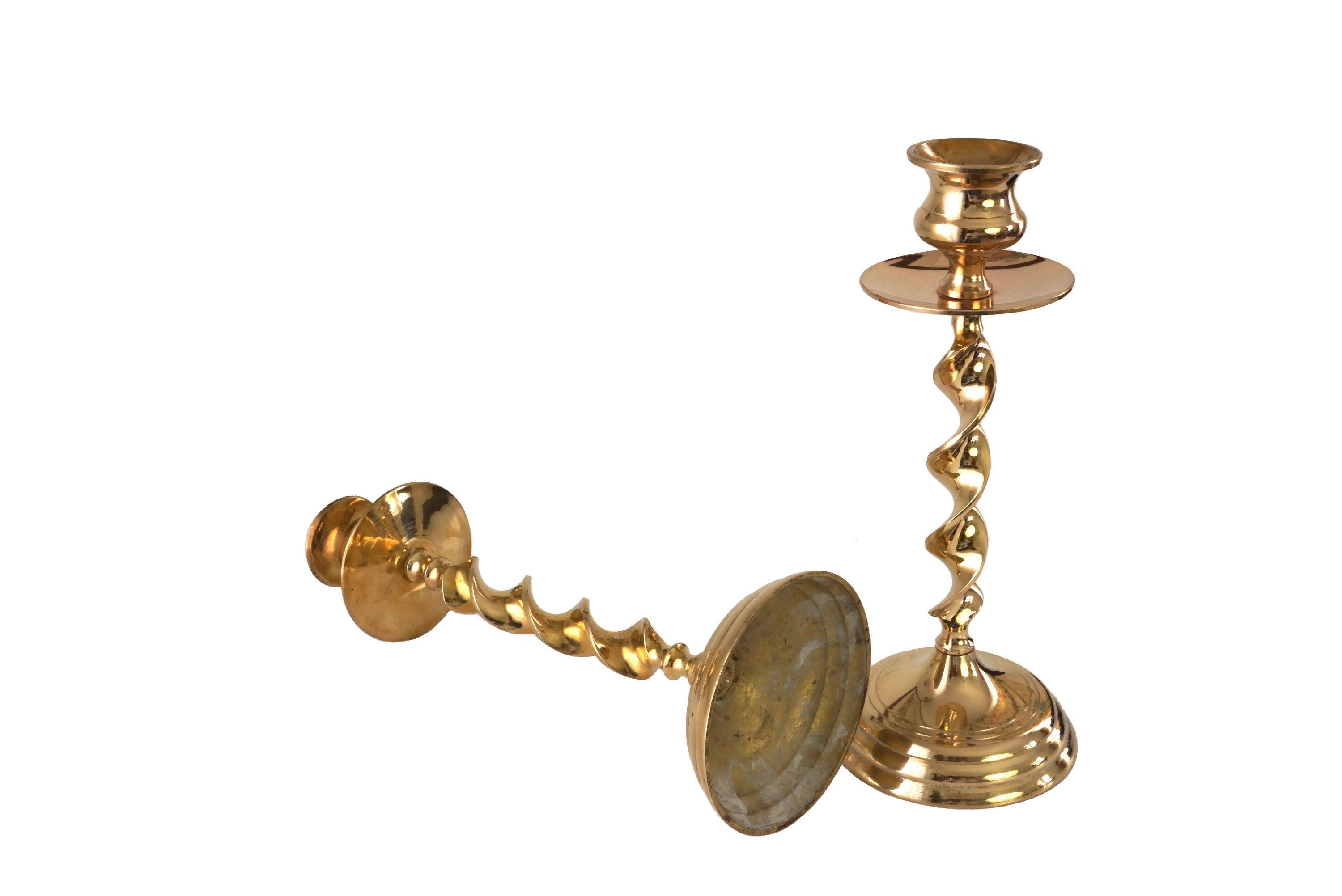 Vintage Brass Barley Twist Candlesticks, Pair of Mid Century Twisted