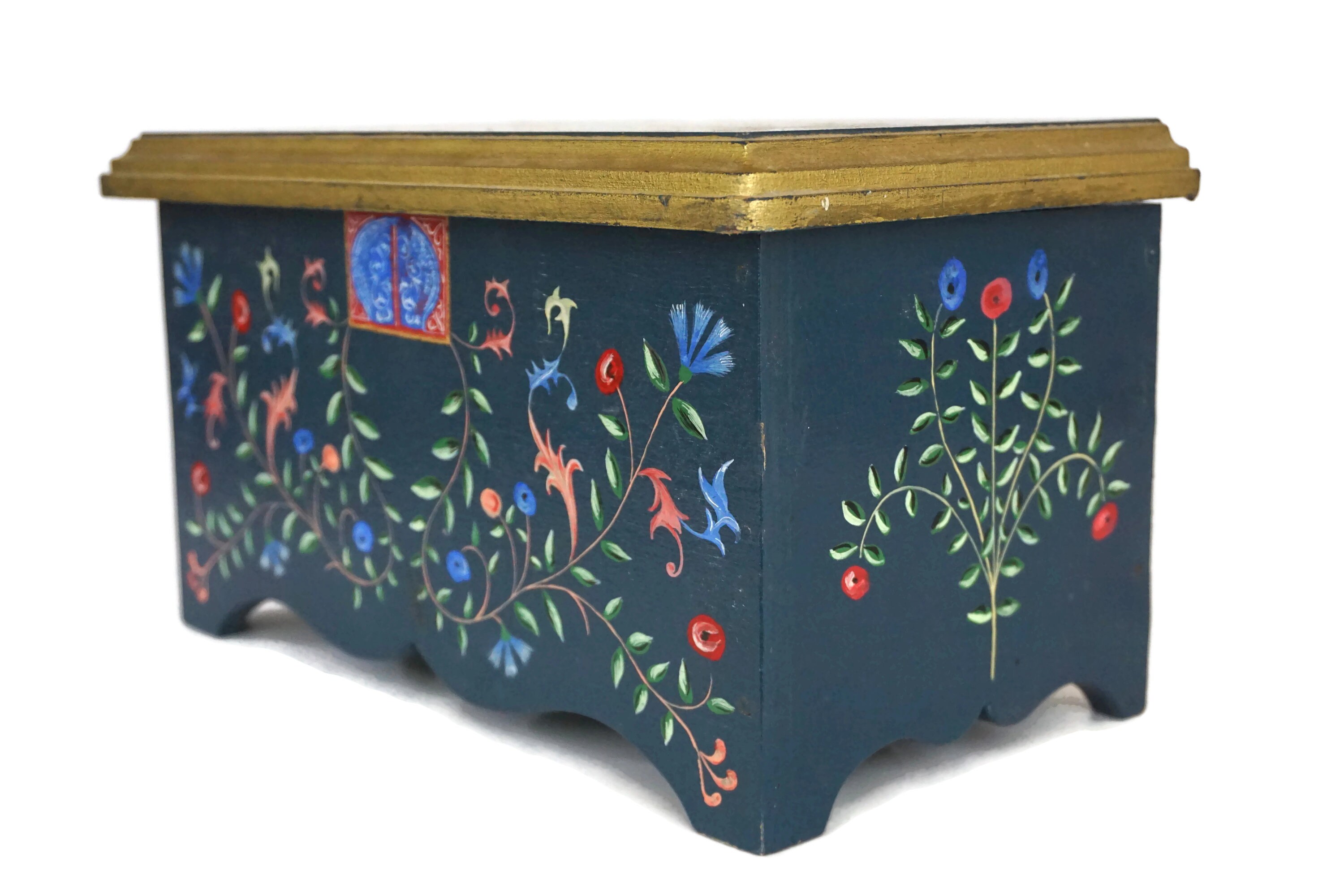 Wooden Folk Art Chest with Hand Painted Tole Flowers, Boho Jewelry Box