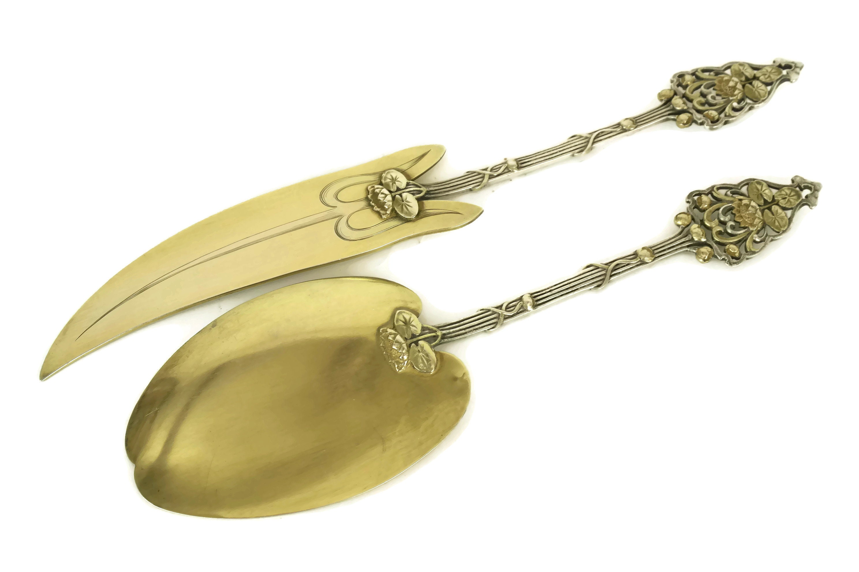 Antique Sterling Silver Cake Server Set with French Art Nouveau Flowers