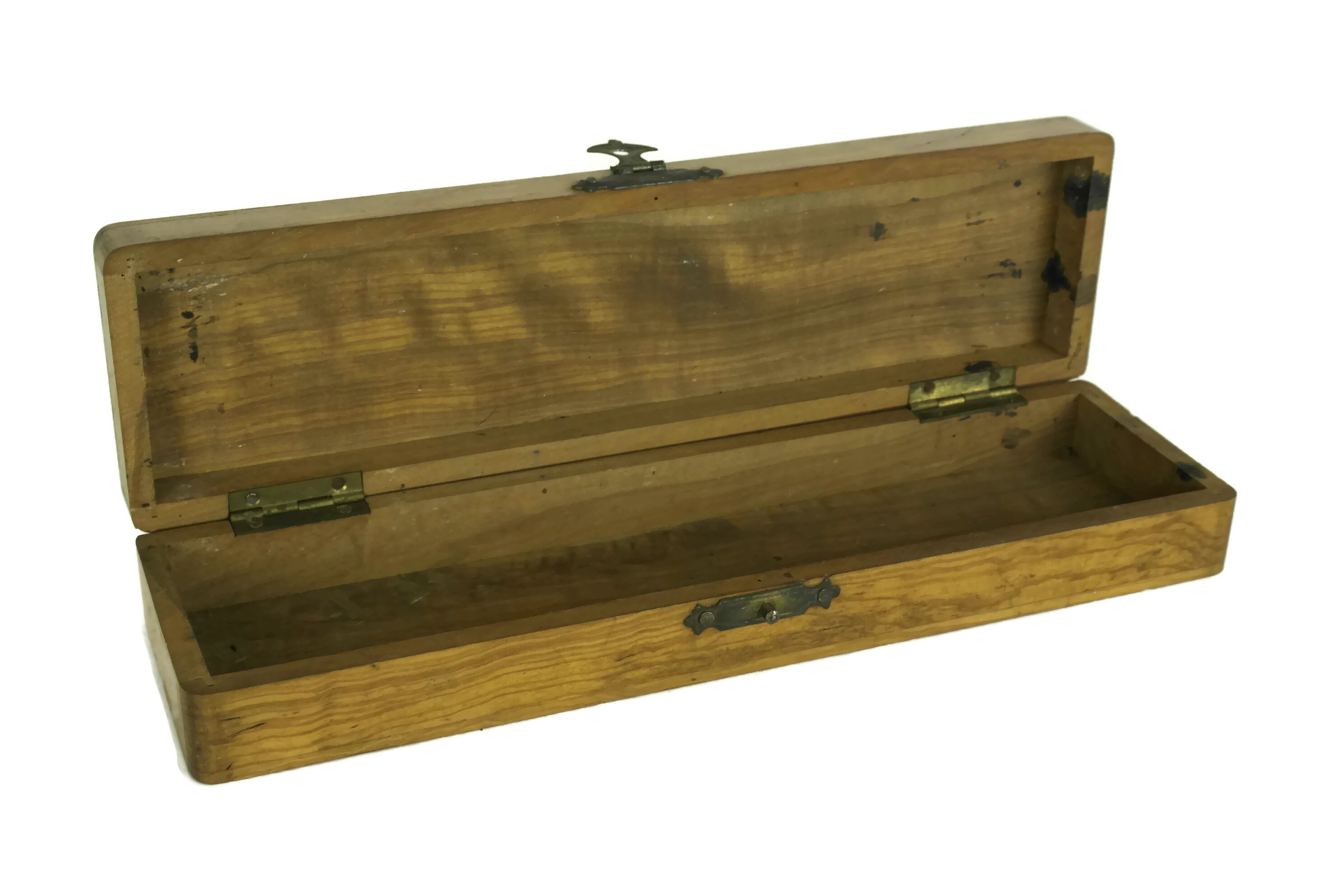 French Antique Pencil Case. Hand Painted Wooden Pen Holder Box with