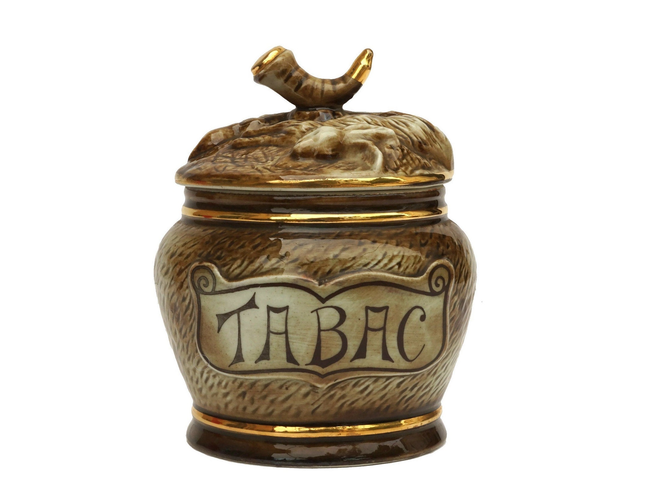 French Porcelain Pipe Tobacco Jar with Animals and Hunting Decor, Mid