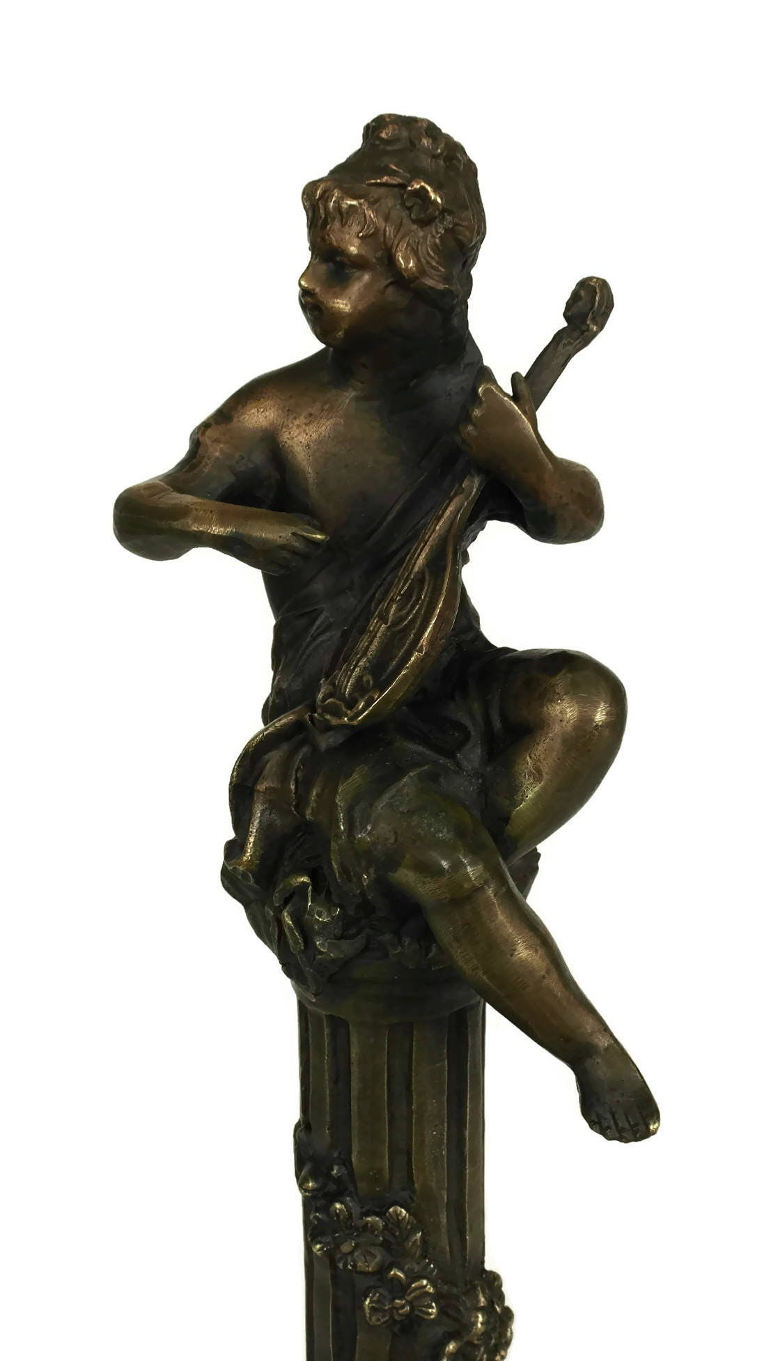 French Vintage Bronze Cherub Statuette, Angel Figurine Playing Musical Instrument