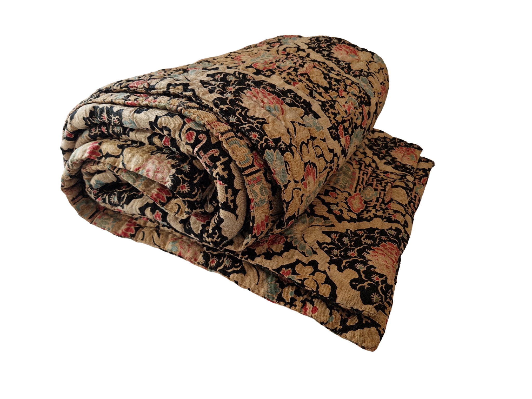 Antique French Boutis Quilt with Chinoiserie Printed Cotton, Hand Made