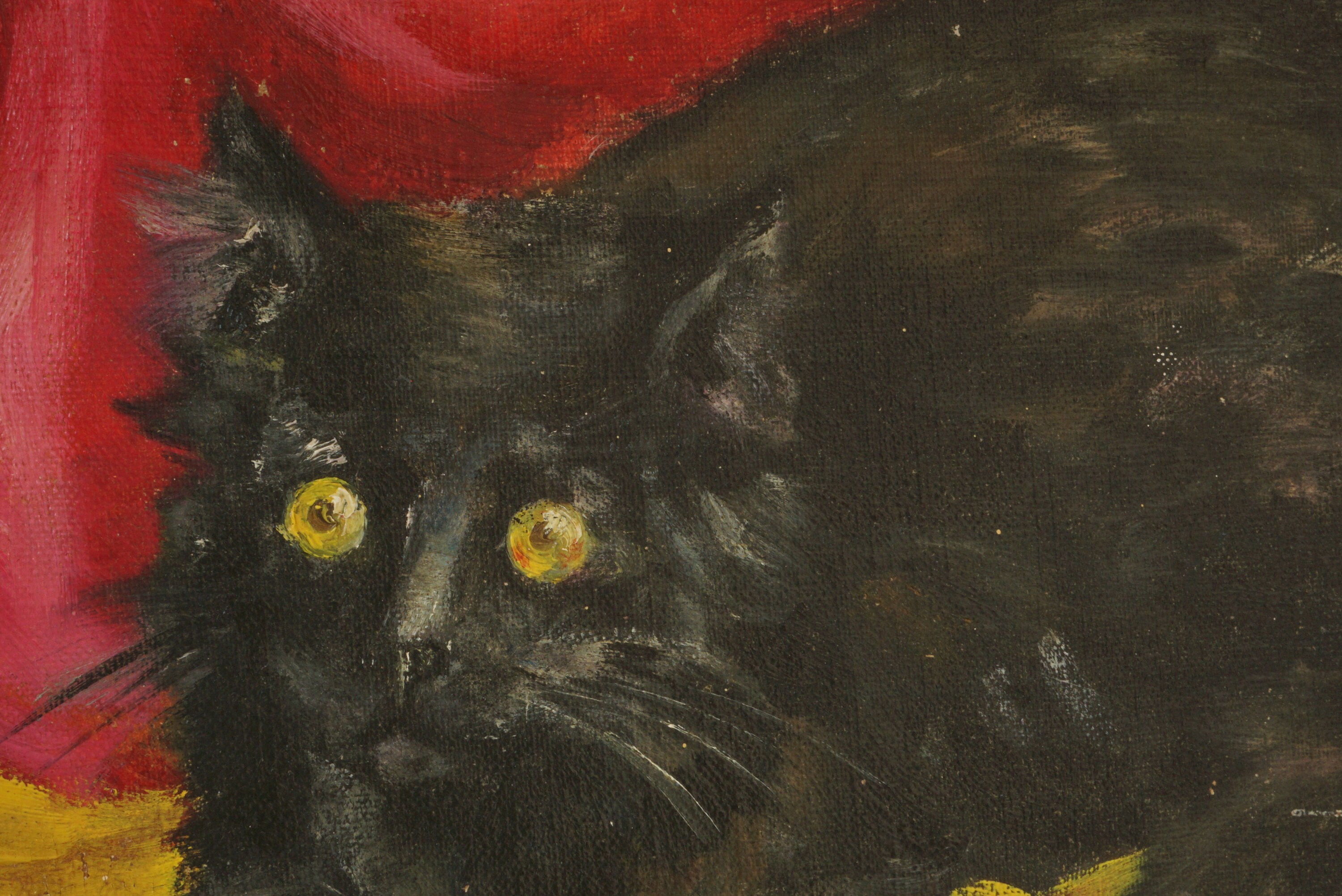 1960s French Black Cat Portrait Painting, Mid Century Pet Fine Art