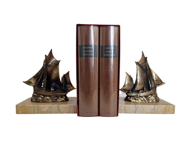 Art Deco Sailing Boat Bookends with Sailor Figurines, Pair of French Antique Ship Book Ends