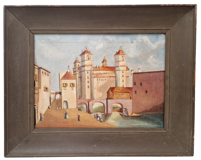 Este Castle of Ferrara Italy Oil Painting, Antique Italian Architectural Cityscape, Souvenir Original Wall Art