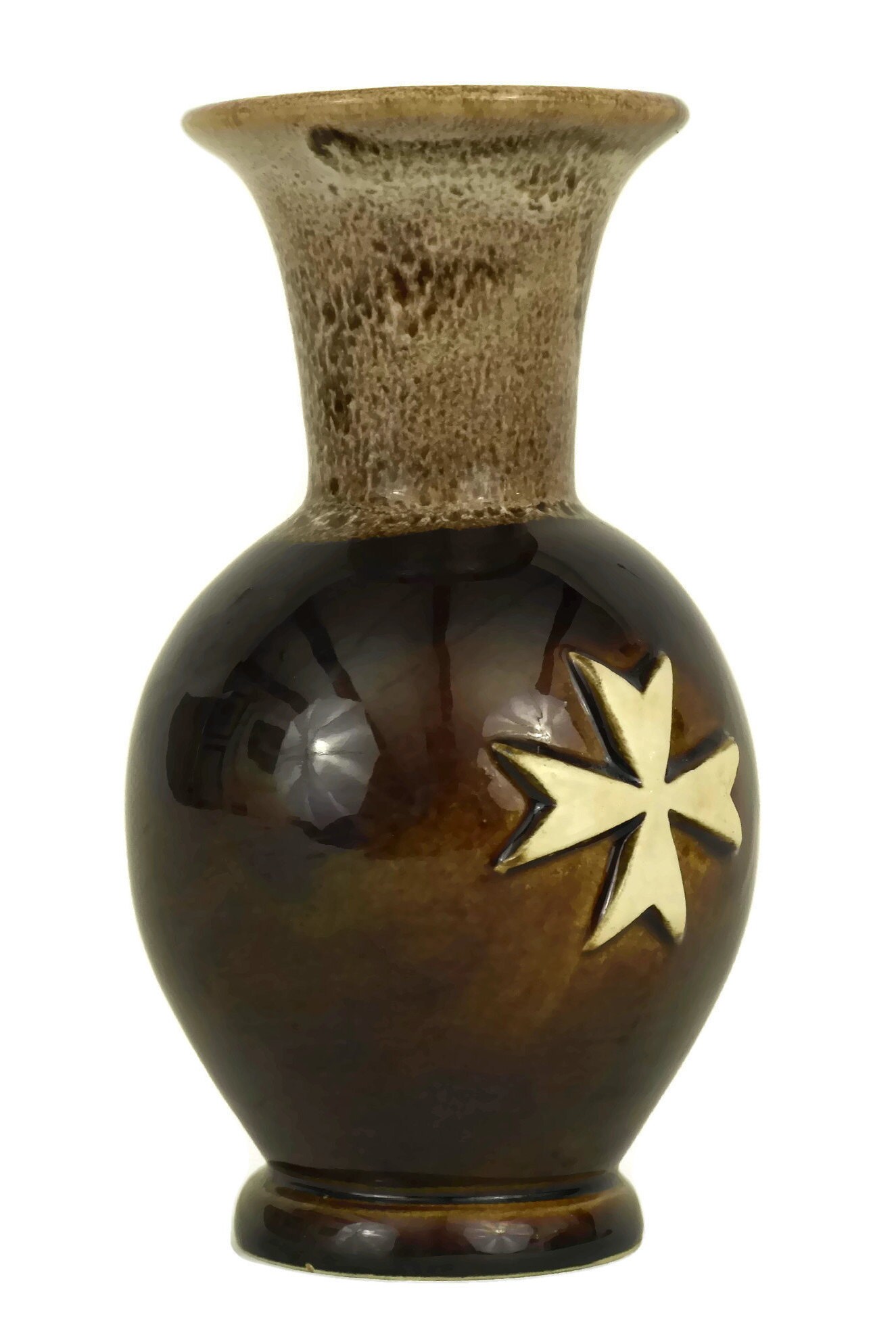 Small Brown Pottery Vase with Maltese Cross by Peter The Potter
