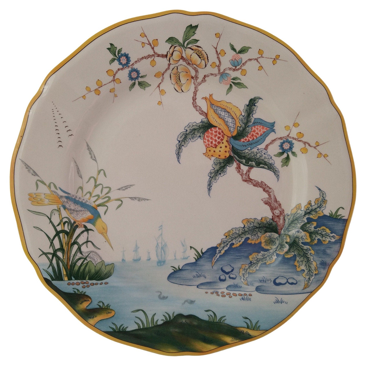 Vintage French Dinner Plate by Gien, Carabbean Pattern With Birds on