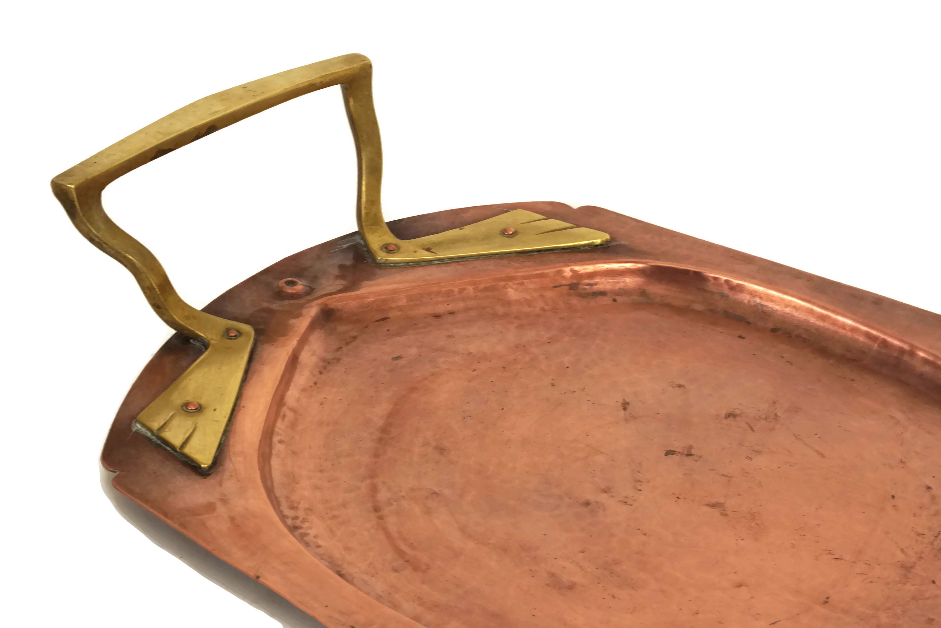 Arts and Crafts Copper Tray with Brass Handles, Hammered Metal Serving