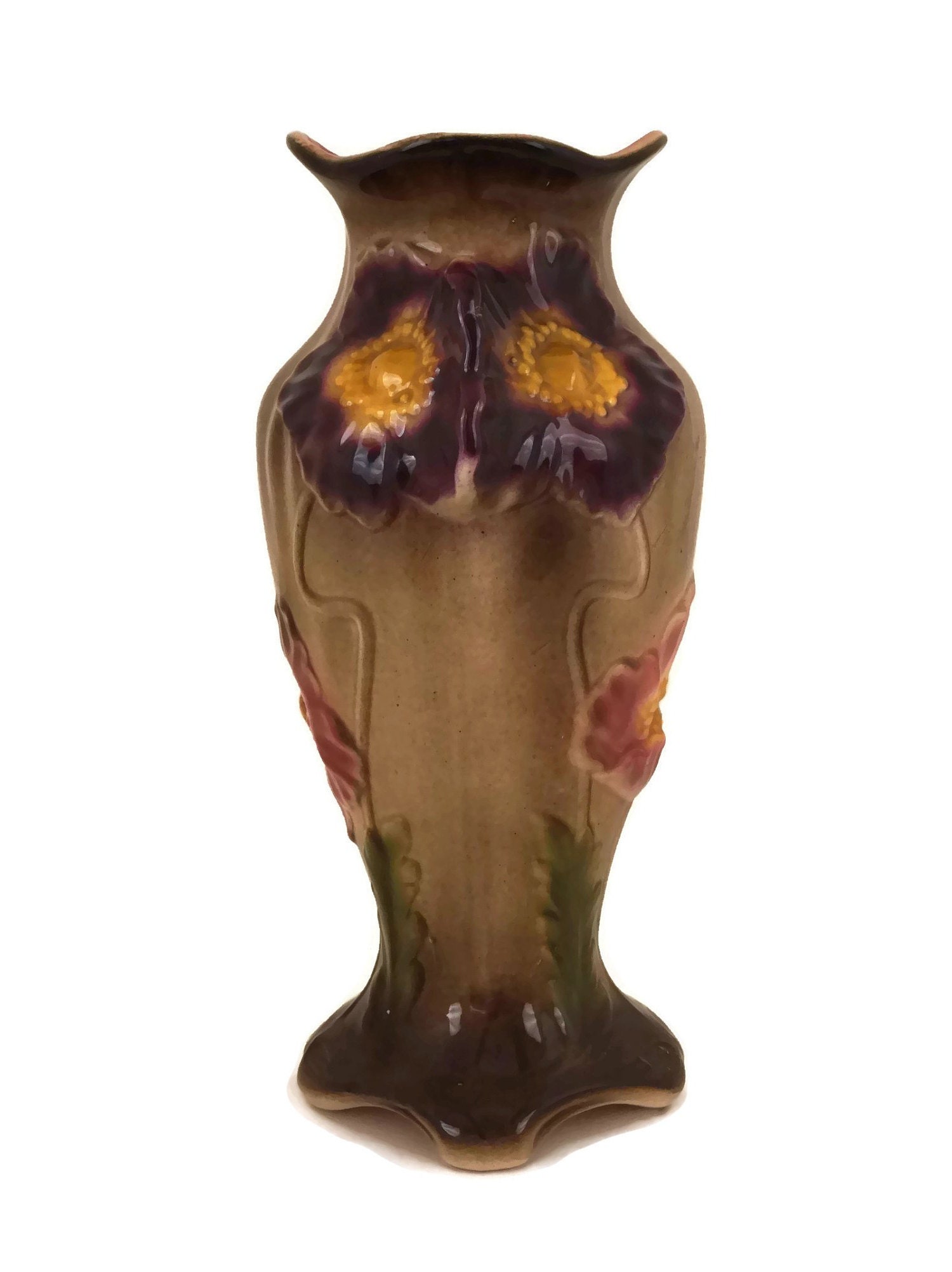 Art Nouveau Majolica Vase with Poppy Flowers, Antique French St Amand