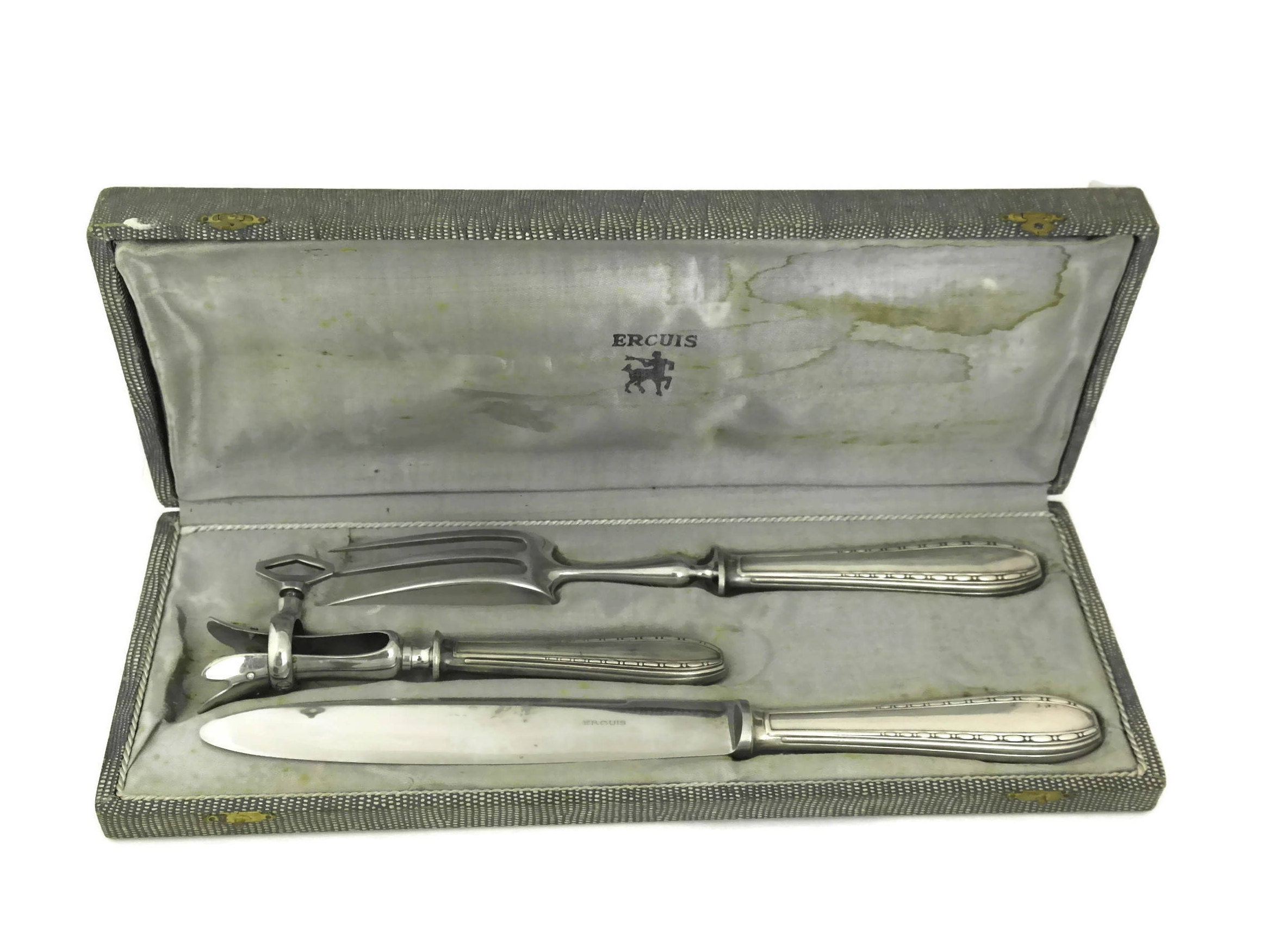 Ercuis Silver Meat Carving Set with Knife, Fork and Roast Clamp, French