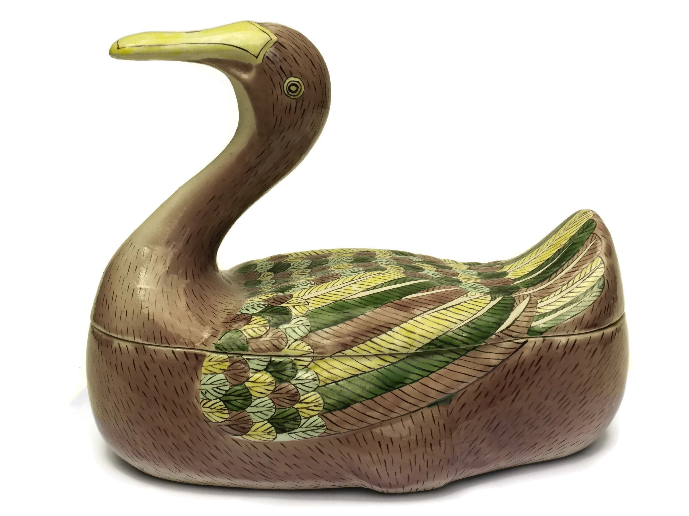 Chinese Antique Porcelain Duck Tureen. Large Ceramic Bird Dish With Lid. Asian Home and Kitchen