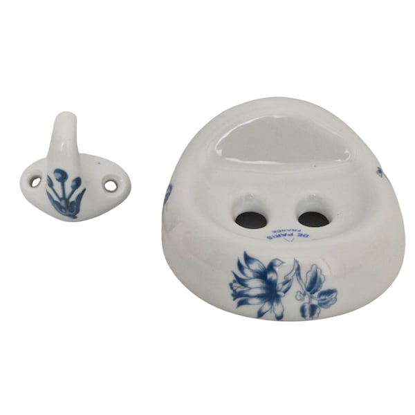 Paris Porcelain Towel Hook and Toothbrush Holder Set, Romantic French White and Blue Bathroom Decor