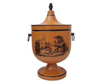 Italian Tole Urn Ice Bucket with Lid and Brass Accents, Antique Style Vintage Toleware