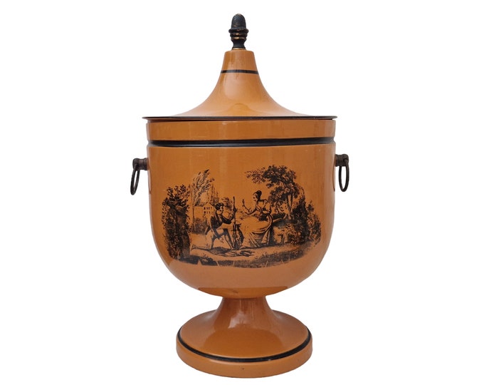 Italian Tole Urn Ice Bucket with Lid and Brass Accents, Antique Style Vintage Toleware