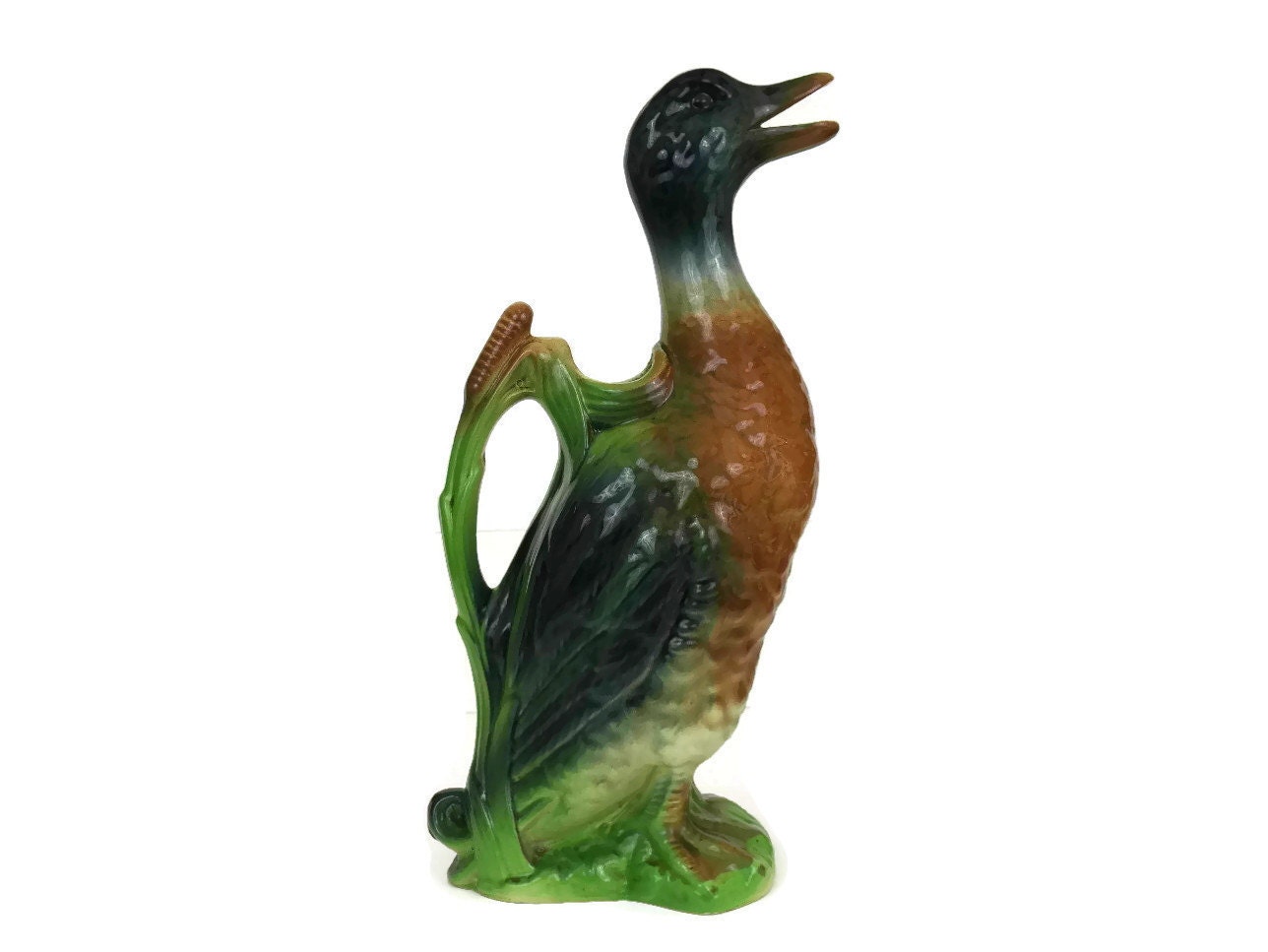 French Majolica Duck Pitcher. St Clement Ceramic Duck Water Jug.
