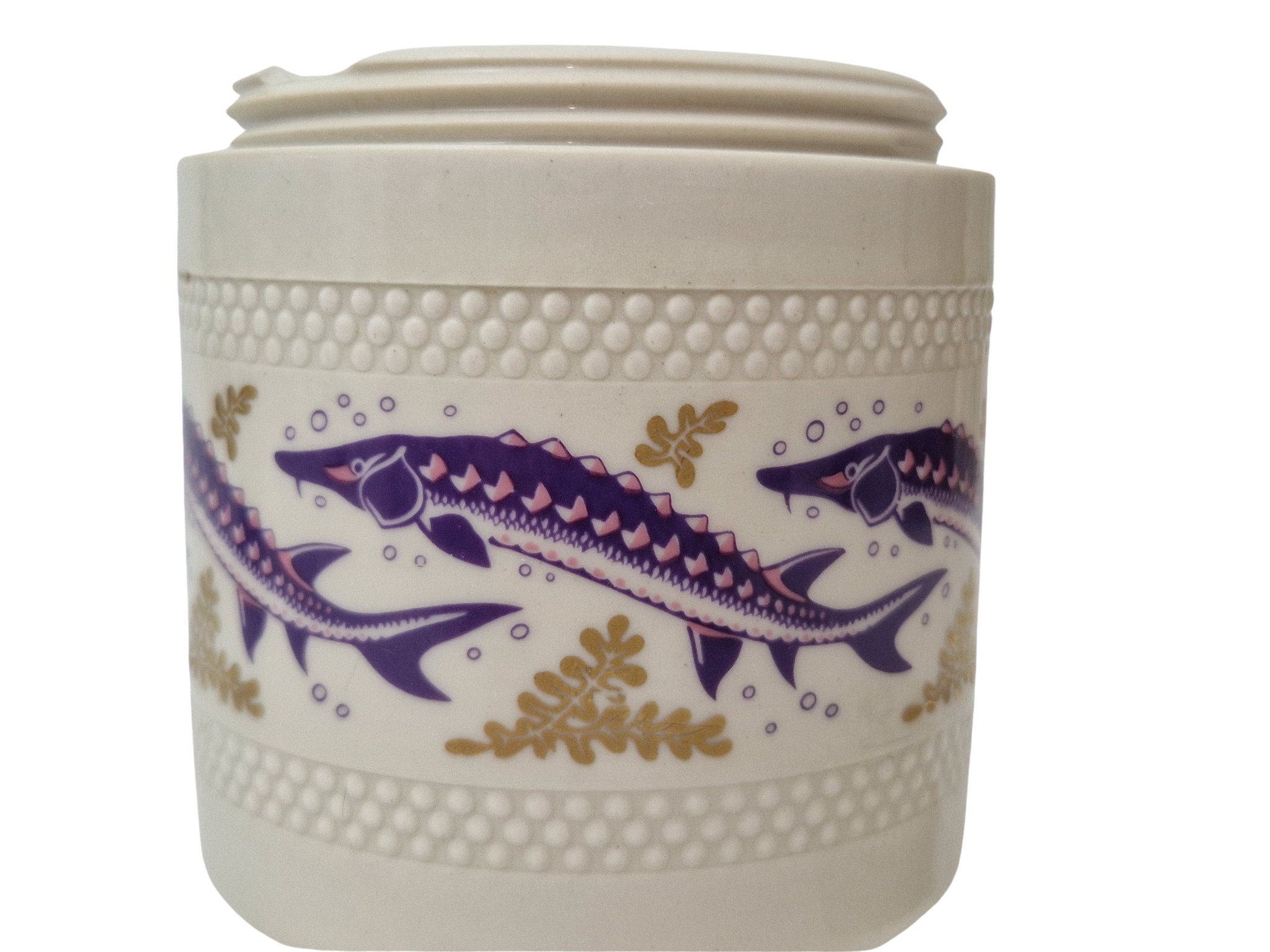Caviar Porcelain Jar with Sturgeon Decor, Screw Top Ceramic Fish Roe Storage Canister