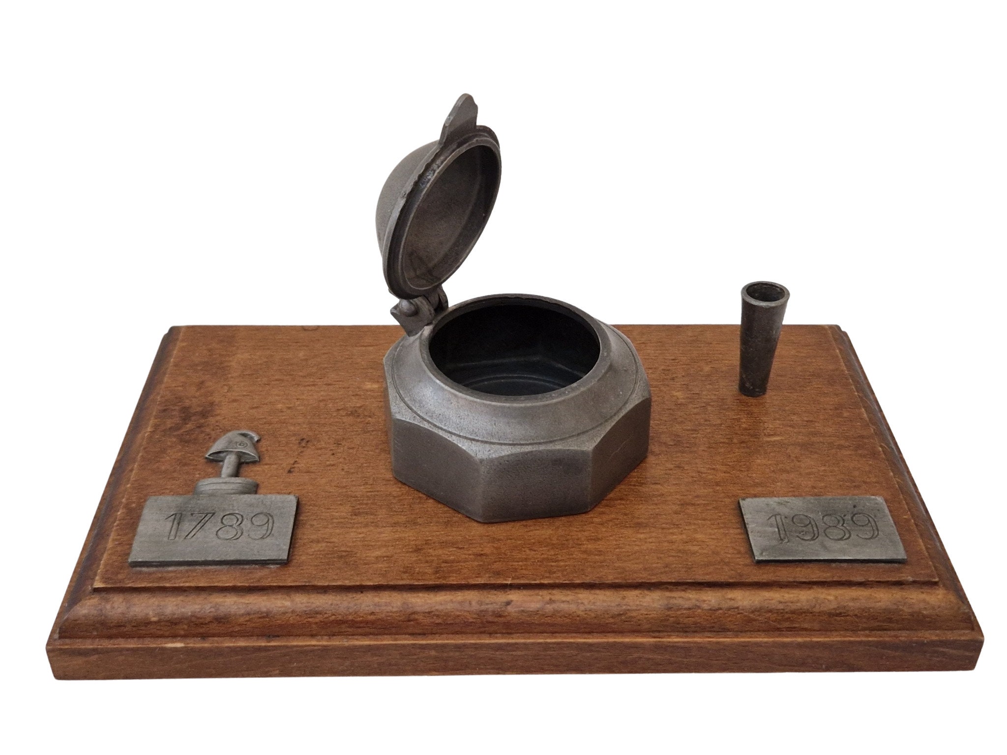 Small Inkwell Set with Quill, Filigree, Pewter