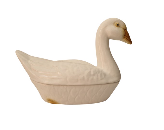 French Majolica Goose Tureen by Michel Caugant, Farm Cottage Kitchen Terrine and Rustic Table Decor