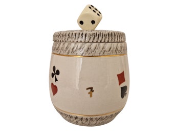 French Ceramic Pipe Tobacco Jar with Dice and Playing Card Decor by Jacques Breugnot, Mid Century Pottery Humidor Pot