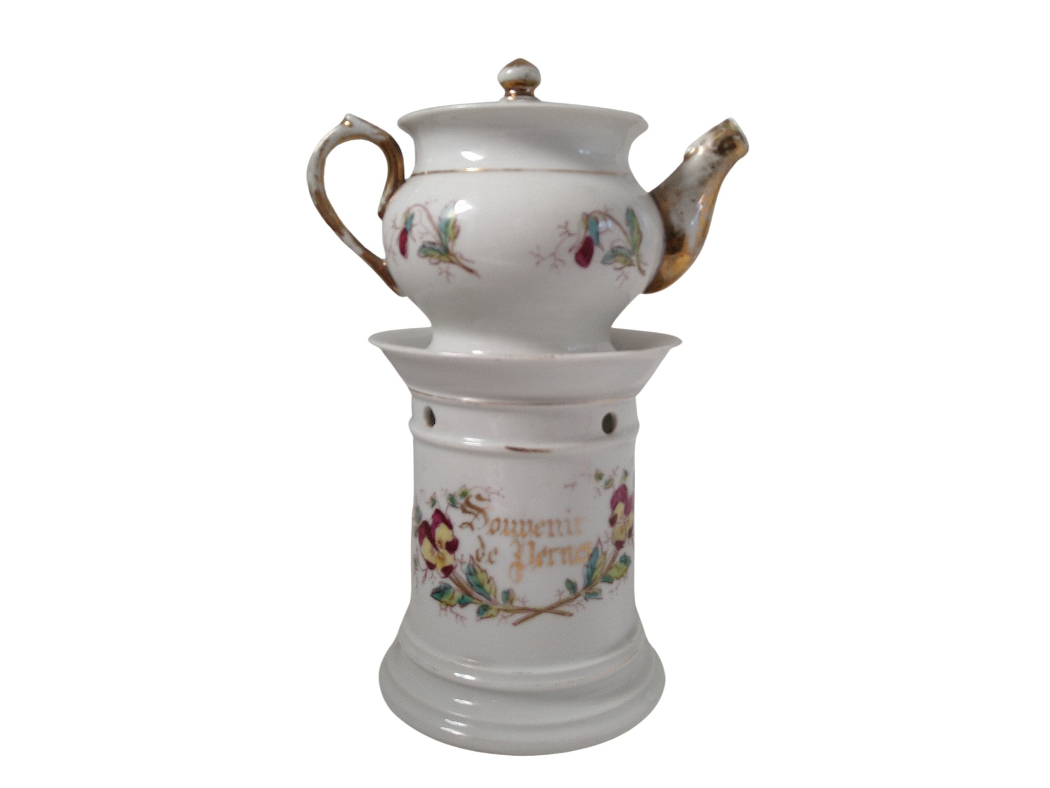 Antique French Porcelain Teapot with Warmer Stand with Pansy Flowers