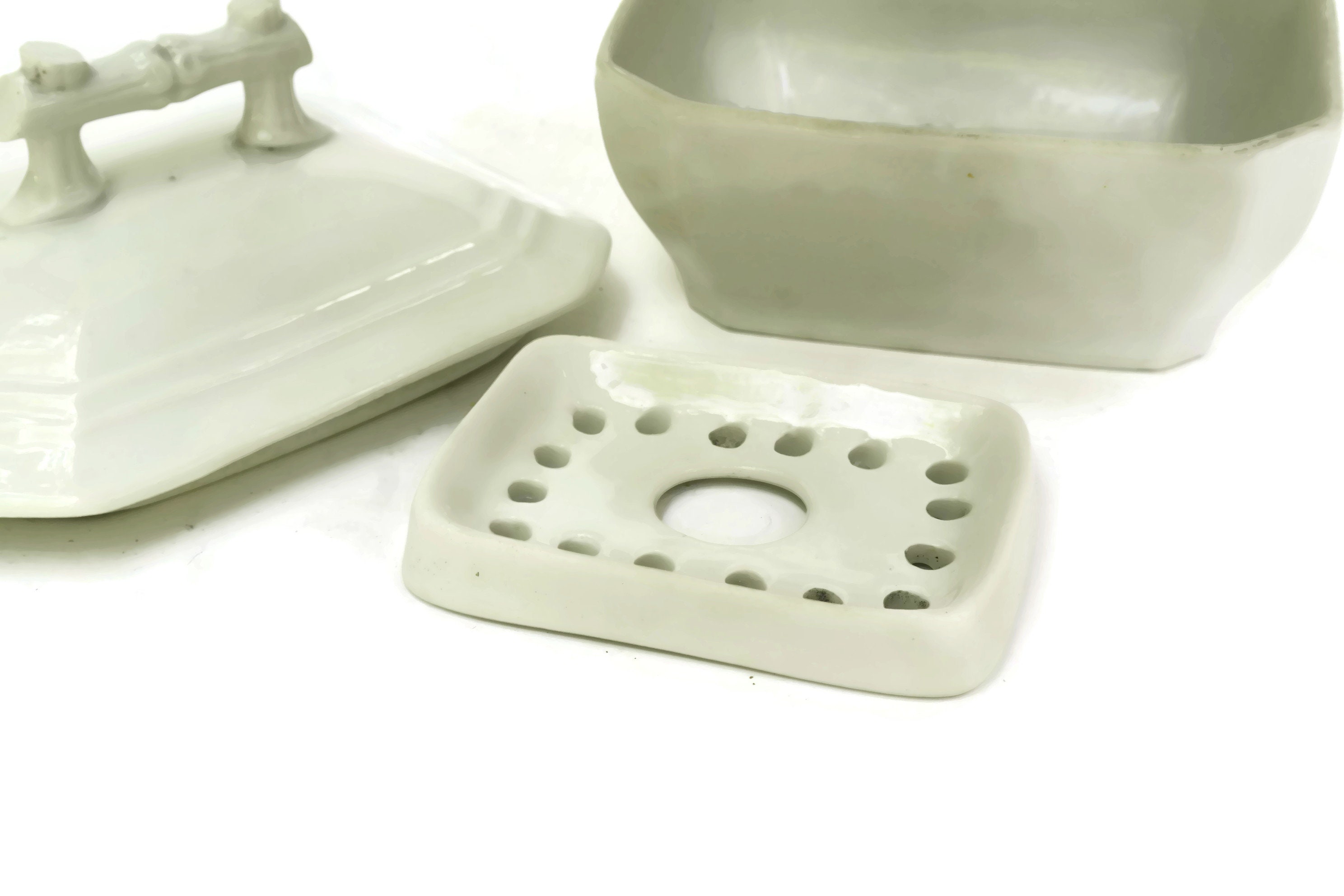 Antique White Porcelain Soap Dish with Lid.