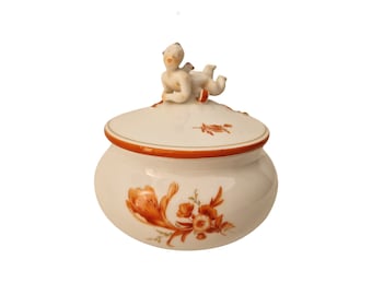 Antique Meissen Porcelain Covered Pot by Paul Scheurich, German Ceramic Jewelry Box with Cherub Figurine