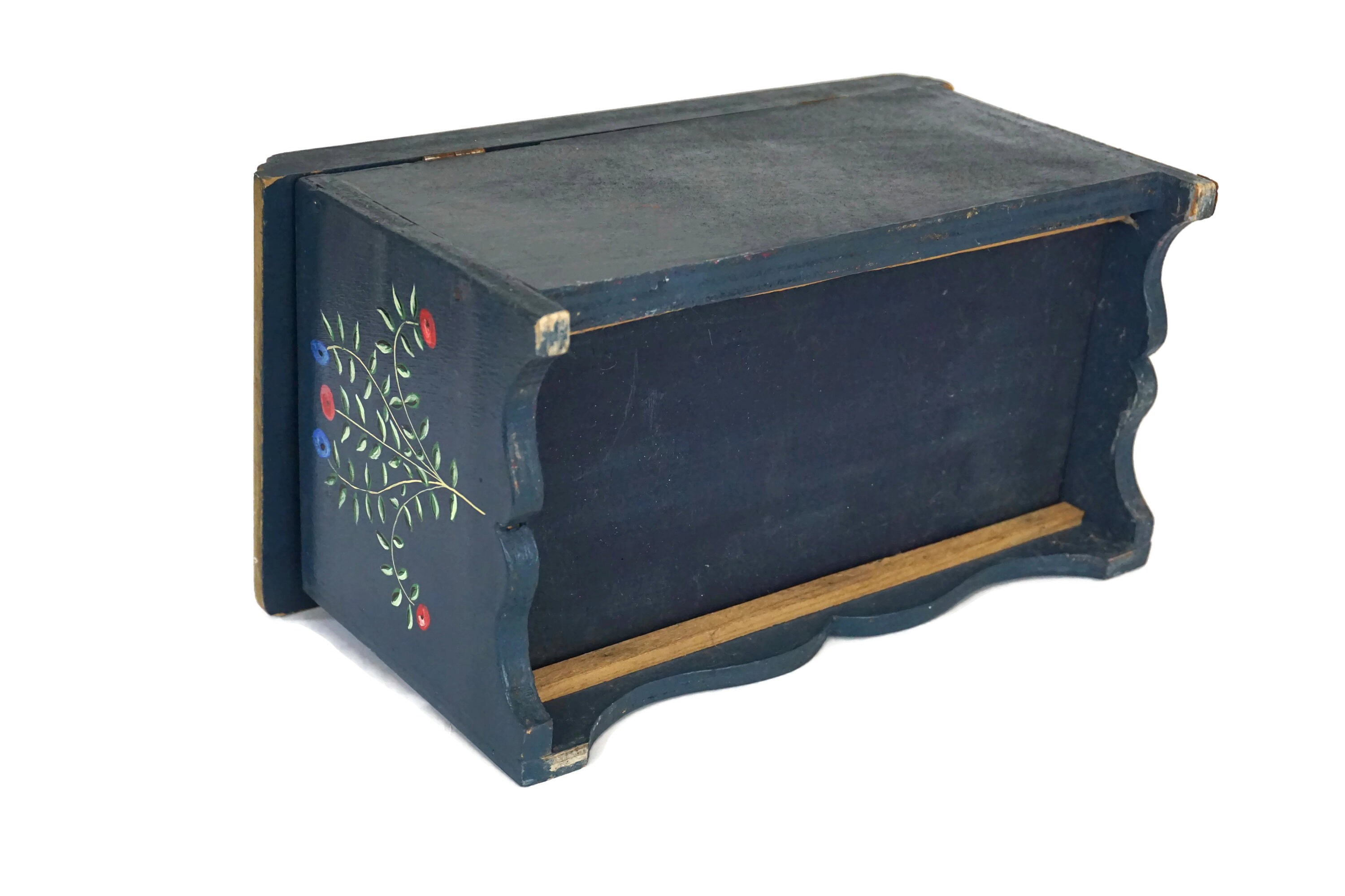 Wooden Folk Art Chest with Hand Painted Tole Flowers, Boho Jewelry Box