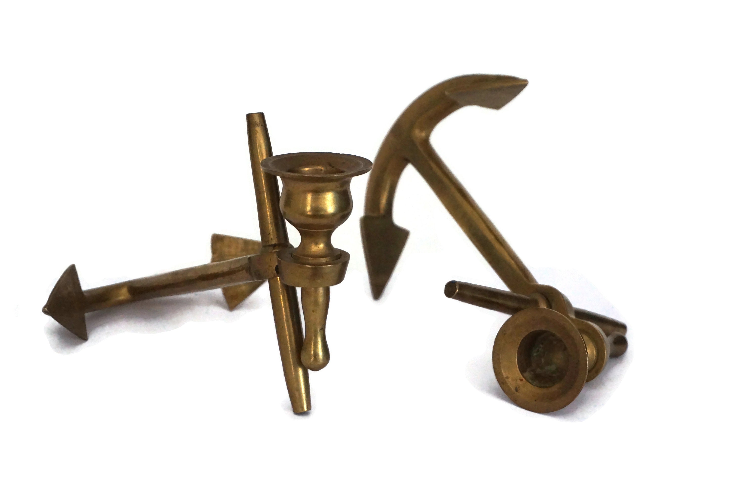 Brass Anchor Candle Holder Pair, Vintage Nautical and Coastal Home Decor