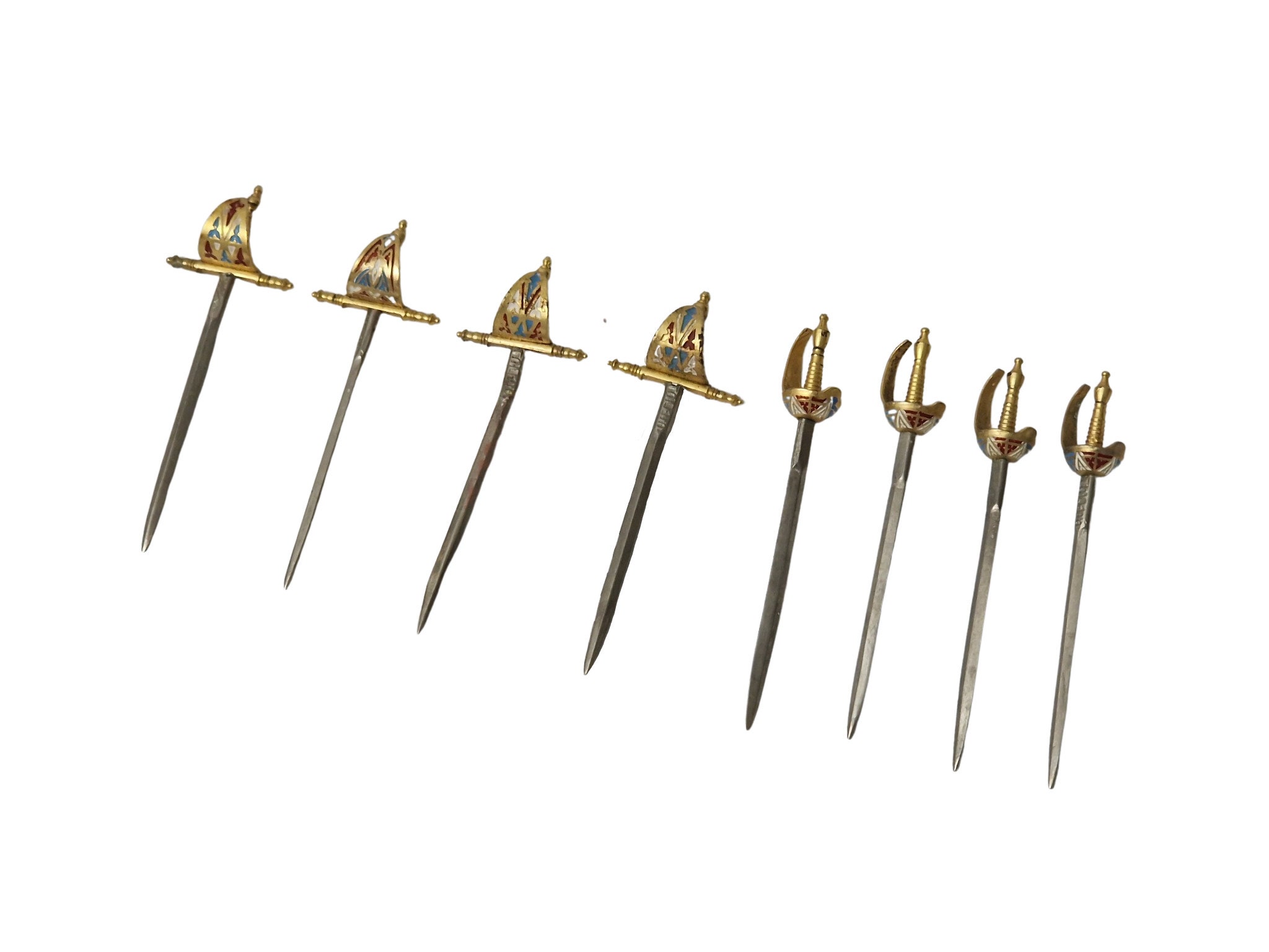 Vintage Brass Sword Cocktail Picks, Toledo Appetizer Sticks and Stand