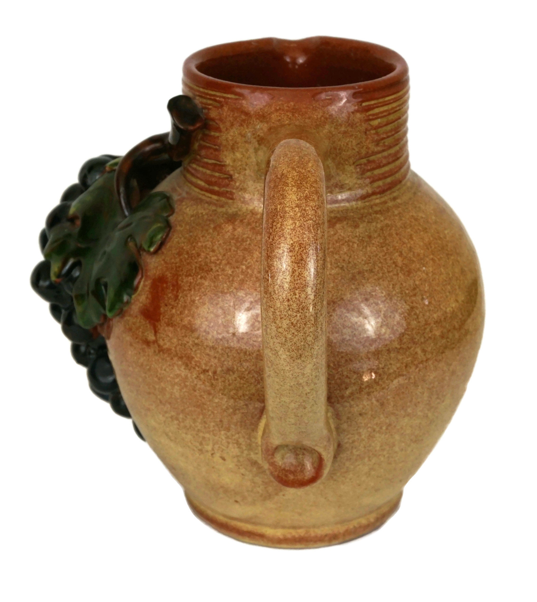Vintage French Pottery Wine Pitcher, Rustic Jug with Vine Leaves and