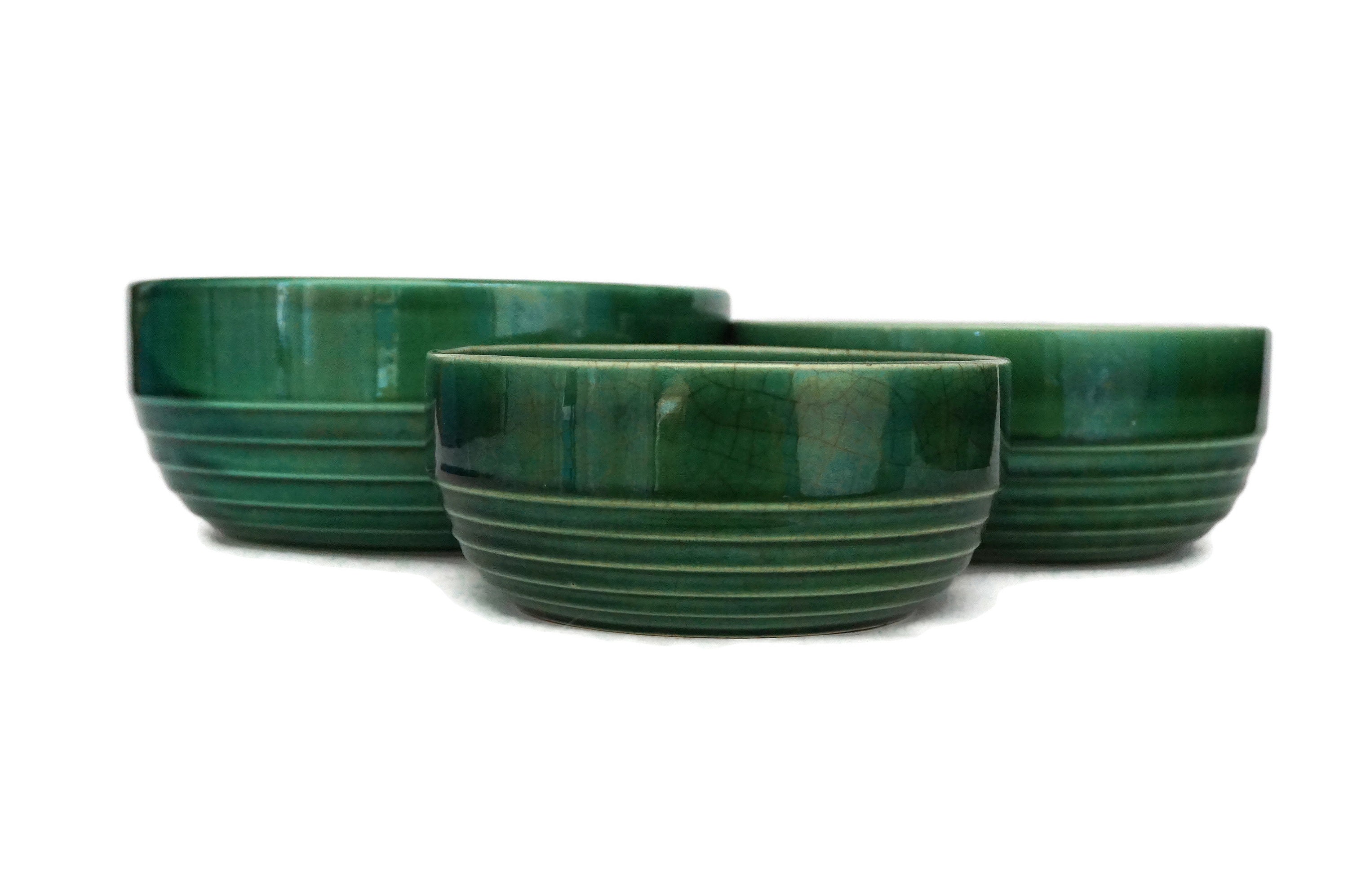 Green Ceramic Nesting Mixing Bowl Set, Vintage French Majolica Pottery Stacking Dishes