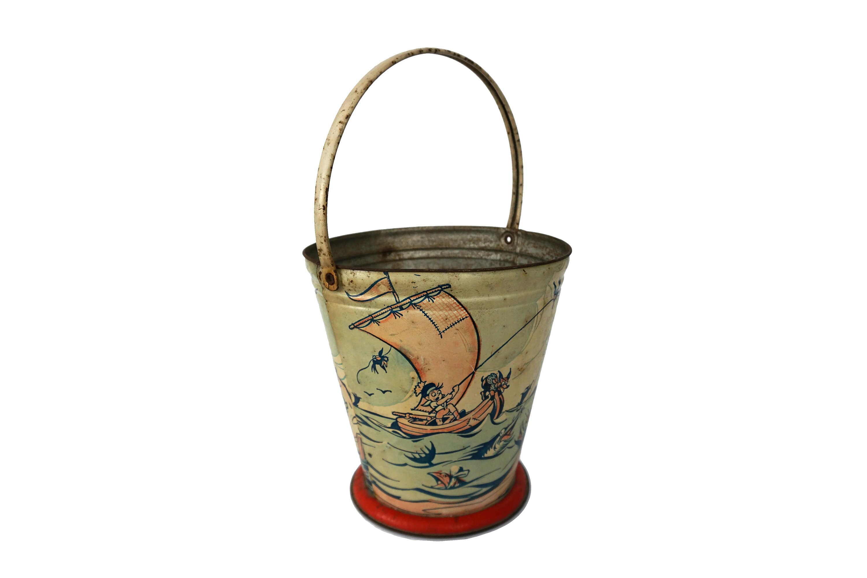 Antique Tin Beach Bucket, French Tole Sand Box Toy Pail