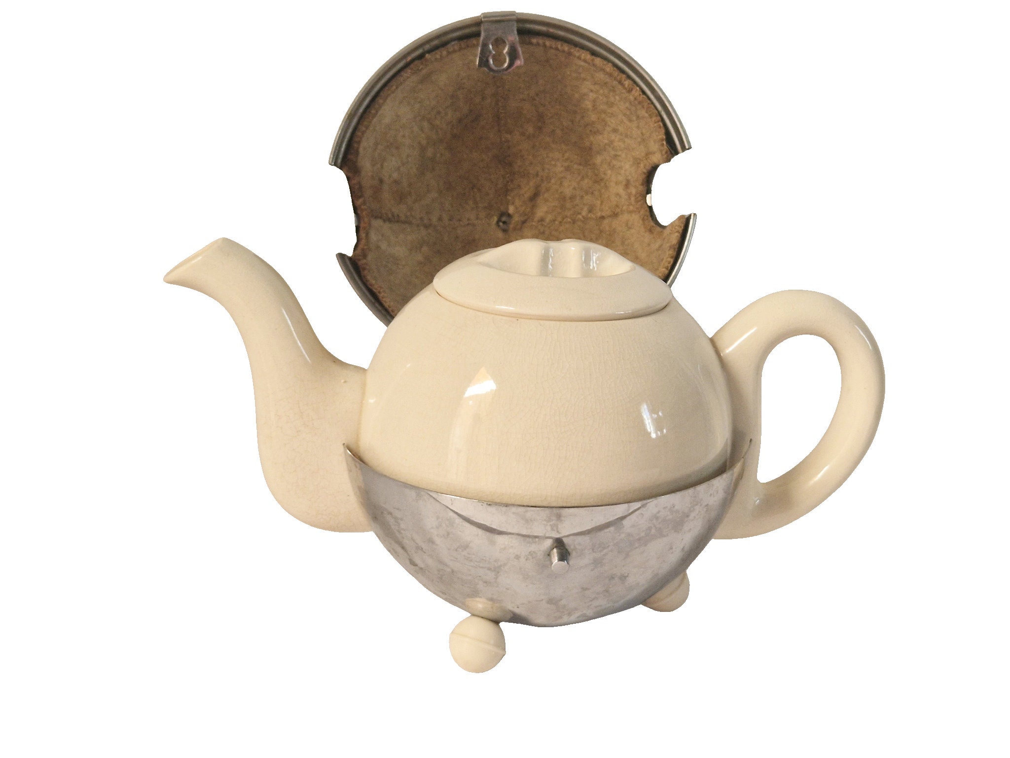 Art Deco Ball Thermal Teapot, Bauscher D.R.P. With Chrome Thermal Cover,  1930s, Pre-war Version Metal, Bauhaus, Felt Insulation, Vintage 