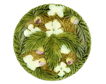 French Antique Majolica Strawberry Plate. Rustic Kitchen Green Majolica Leaf Wall Plate.