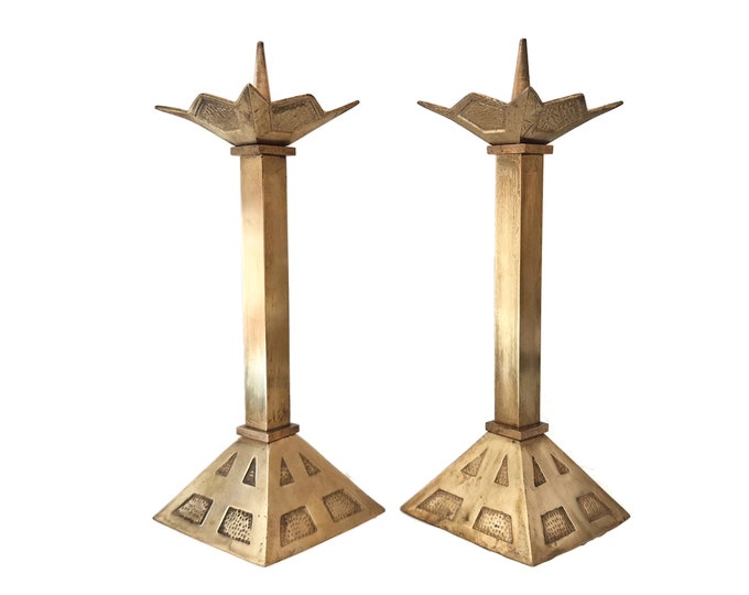 Antique Church Brass Candlestick Holder Pair, French Arts and Crafts Altar Pillar Candleholders