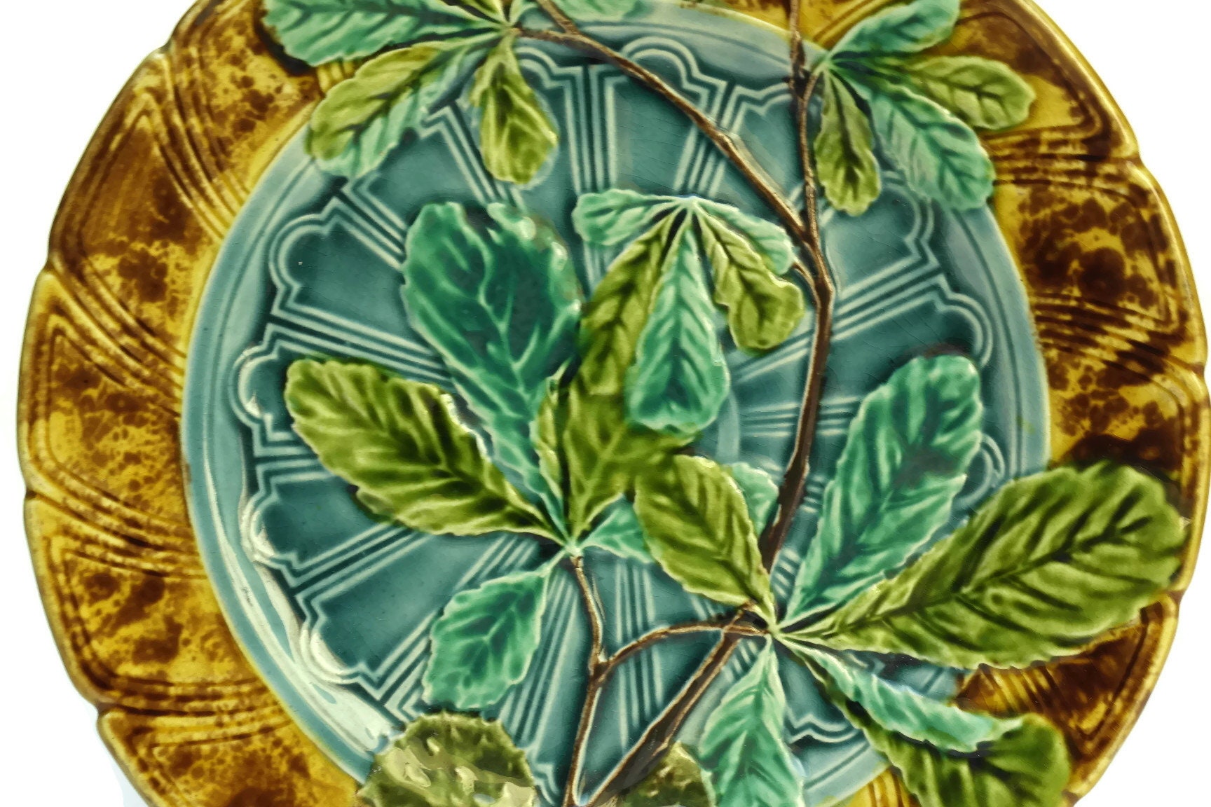Antique French Majolica Leaf Plate, Ceramic Sarreguemines Decorative