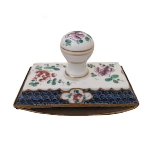 19th Century French Porcelain Ink Blotter with Hand Painted Flowers, Antique Desk Accessory, Romantic Home Office Decor