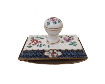 Encre de Chine en porcelaine du XIXe siècle avec fleurs peintes à la main, accessoire de bureau ancien, décoration de bureau à domicile romantique