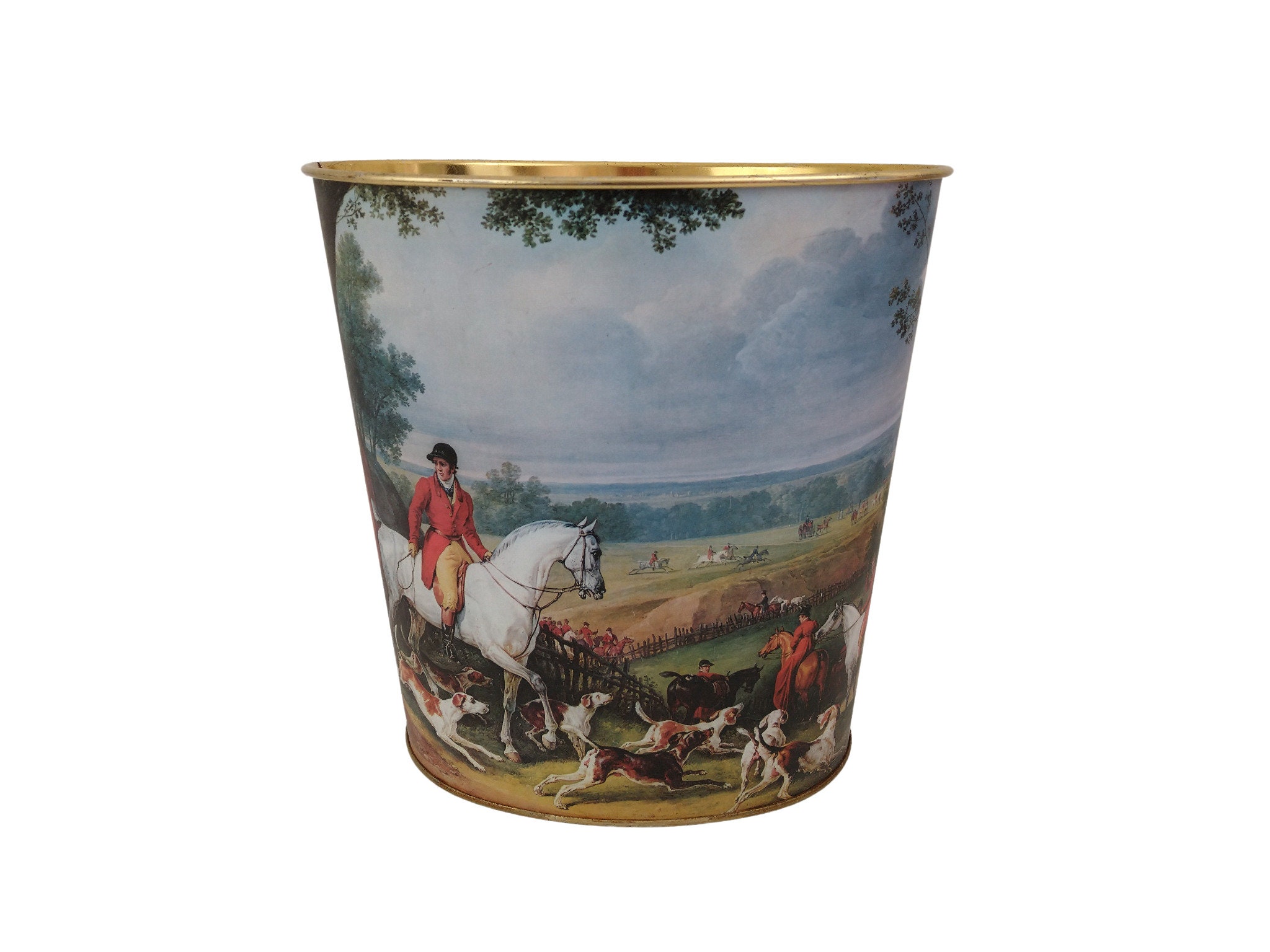 Vintage French Tole Waste Basket with Fox Hunting Scene by Massilly