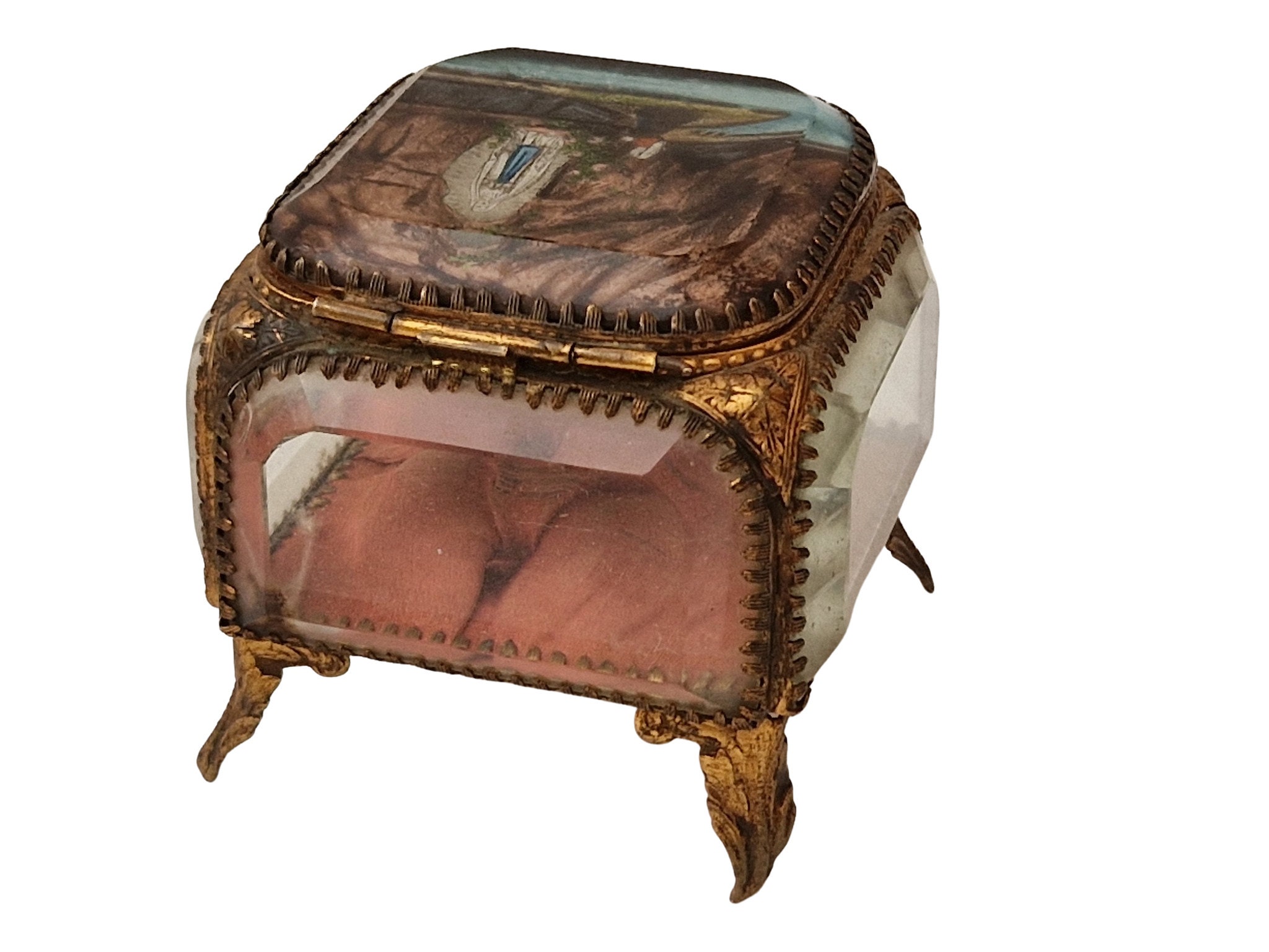 Antique French Glass Casket Jewelry Box with Virgin Mary Apparition to Saint Bernadette Soubirou