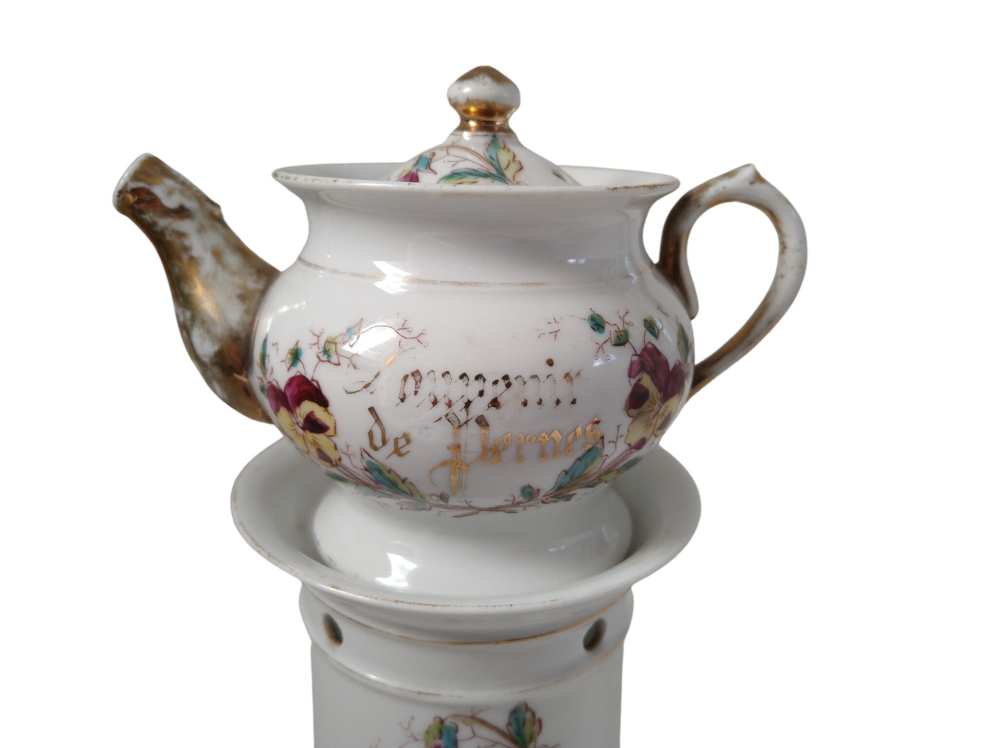 Antique French Porcelain Teapot with Warmer Stand with Pansy Flowers