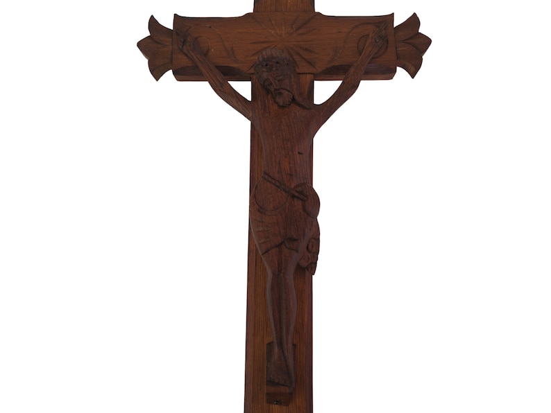 Large Hand Carved Wood Cross with Jesus Figurine