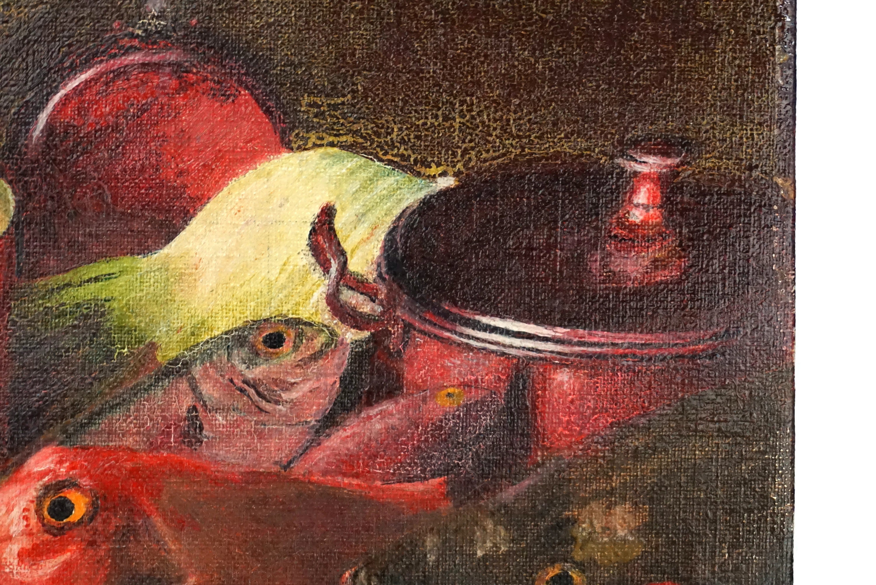 Kitchen Still Life Art with Fish and French Copper Cooking Pans, Food