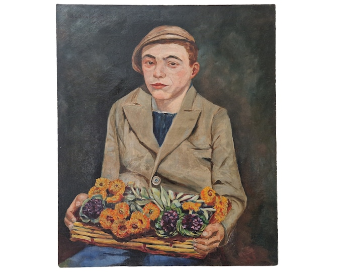 1930s Boy Flower Seller Portrait Painting, Antique French Street Urchin Wall Art