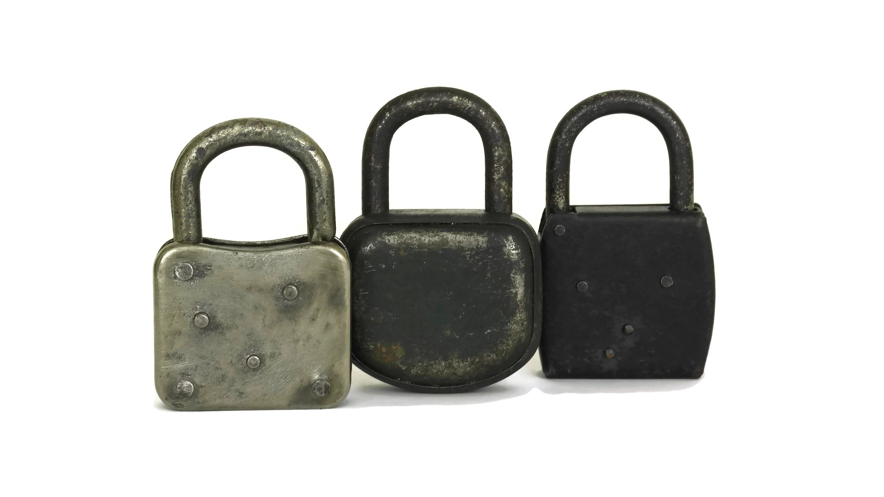 French Antique Lock and Key, Set of 3 Old Padlocks